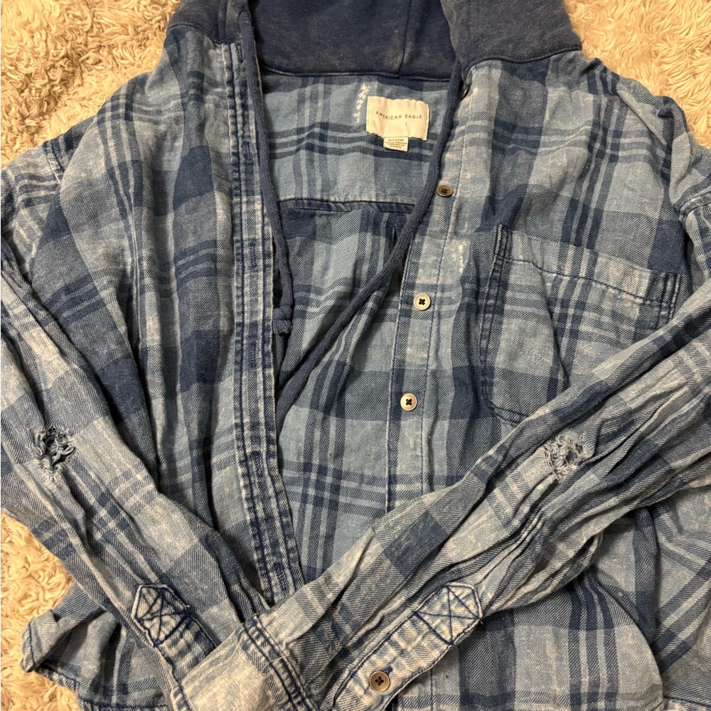American Eagle Outfitters Blue Plaid Hooded Button-Down Shirt